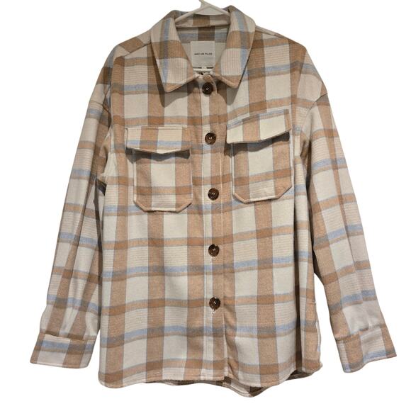 Avec Les Filles Neutral Plaid Shacket Oversized Shirt Jacket Button Front, Large - Picture 3 of 8